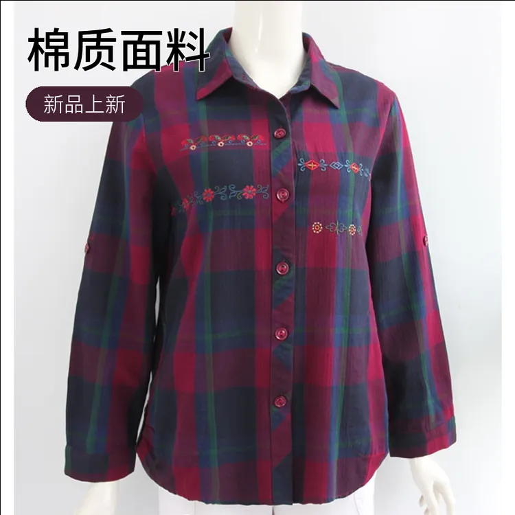 A9-7款中老年女装全棉格子衬衫大码妈妈奶奶装宽松纯棉长袖衬衣