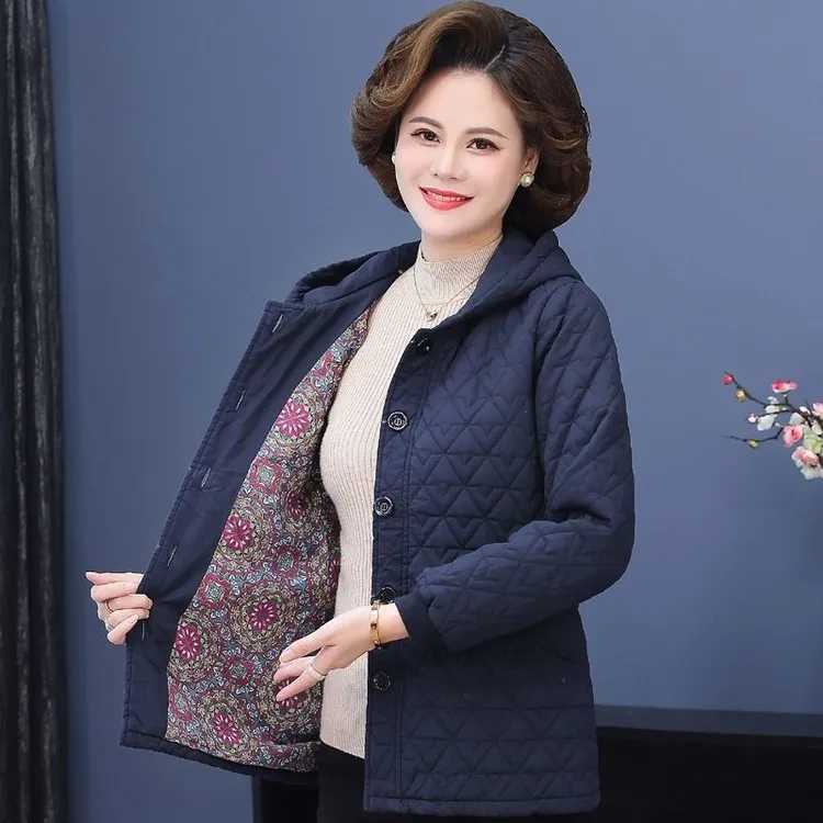 236妈妈秋冬夹棉外套老年女装休闲连帽棉衣加肥加大薄棉服小棉袄