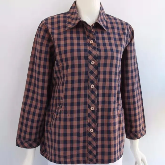 917中老年女装纯棉格子衬衫大码妈妈奶奶婆婆全棉长袖衬衣春装917