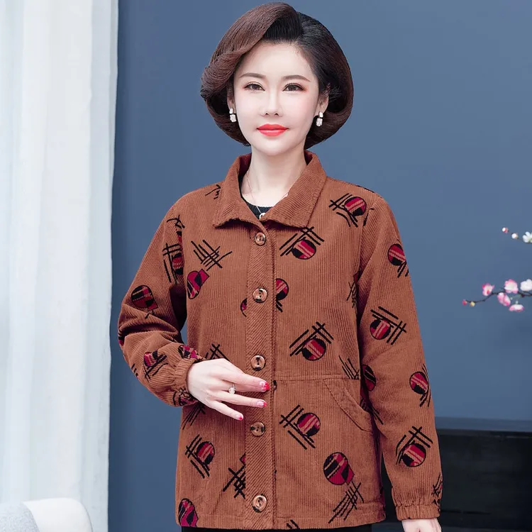 2259中老年女春秋大码纯棉外套条绒中年妈妈灯芯绒全棉夹克