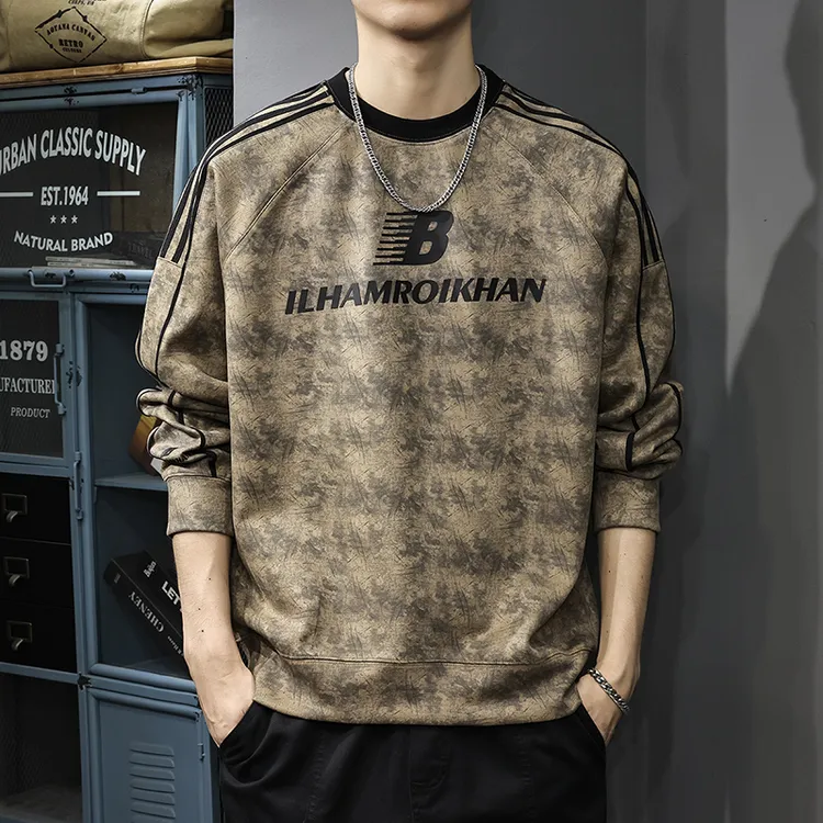 秋季新款美式宽松大码条纹插肩长袖上衣潮水洗扎染印花圆领卫衣男