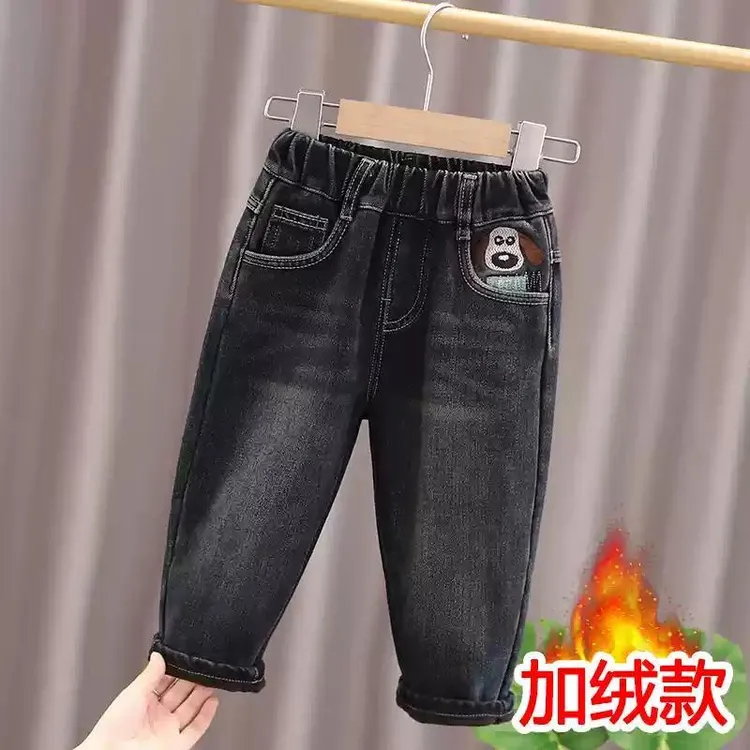 男童秋冬加绒加厚牛仔裤2025新款宝宝冬装一体绒裤子儿童保暖长裤