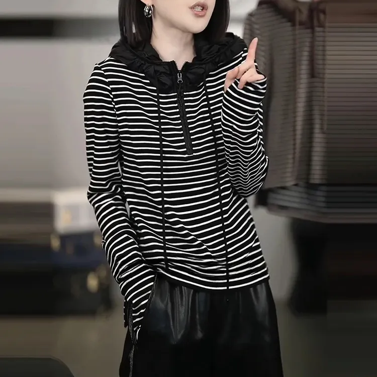 韩版宽松条纹撞色连帽卫衣女2025新款洋气简约设计感休闲显瘦上衣