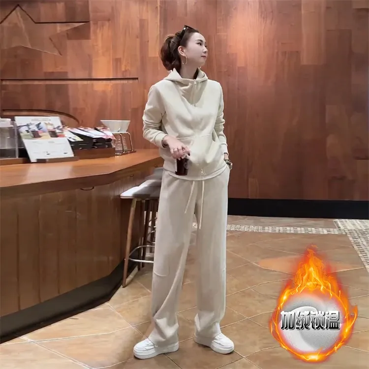 入冬一整套女装时尚休闲设计感连帽卫衣外套松紧腰宽松阔腿裤套装
