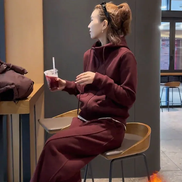 高档秋冬女装套装显瘦运动宽松纯色连帽上衣休闲洋气加绒加厚裤子