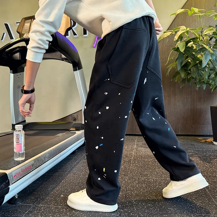 油漆破洞弯刀卫裤男士春秋款直筒宽松运动冬装加绒加厚休闲长裤子