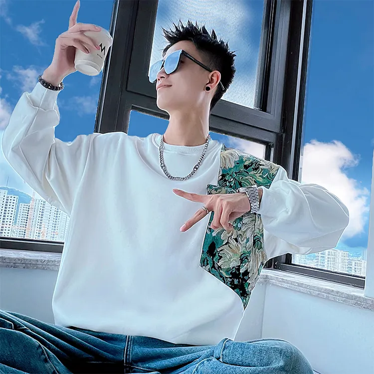 高档拼接卫衣男士春秋款潮牌圆领套头长袖T恤打底衫男装外套上衣