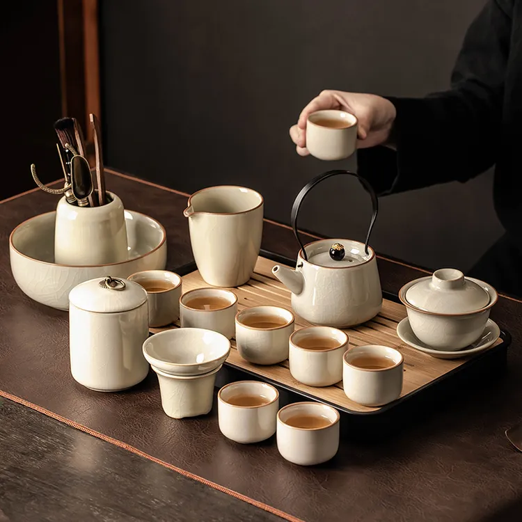 米黄汝窑茶具套装家用陶瓷盖碗茶壶功夫茶茶杯轻奢小型茶盘泡茶器