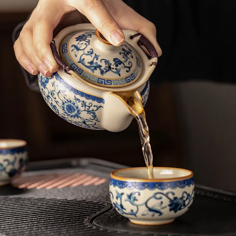 青花汝窑手抓壶茶壶单壶盖碗防烫功夫茶具一人泡茶快客杯陶瓷茶杯