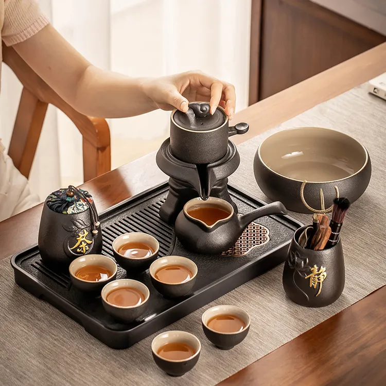 黑陶石磨功夫茶具套装半自动防烫懒人泡茶神器复古小型茶盘泡茶器
