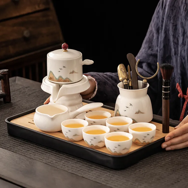 羊脂玉石磨自动功夫茶具套装家用高档懒人泡茶神器陶瓷茶杯泡茶壶