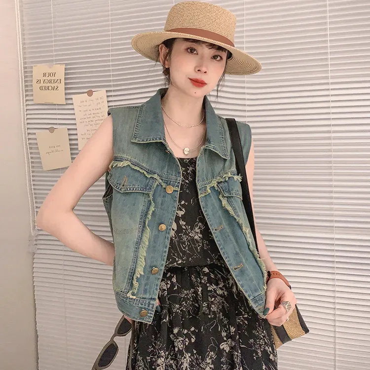 设计感翻领牛仔马甲背心女2024春季小个子坎肩无袖短外套宽松上衣