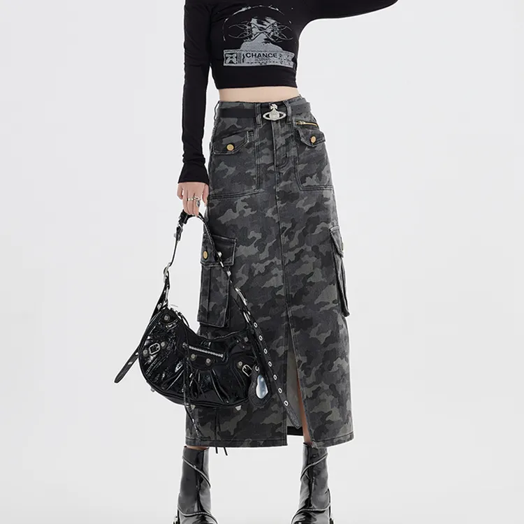 街头牛仔裙开叉辣妹中长裙气质酷飒口袋牛仔工装迷彩女牛仔高腰裙