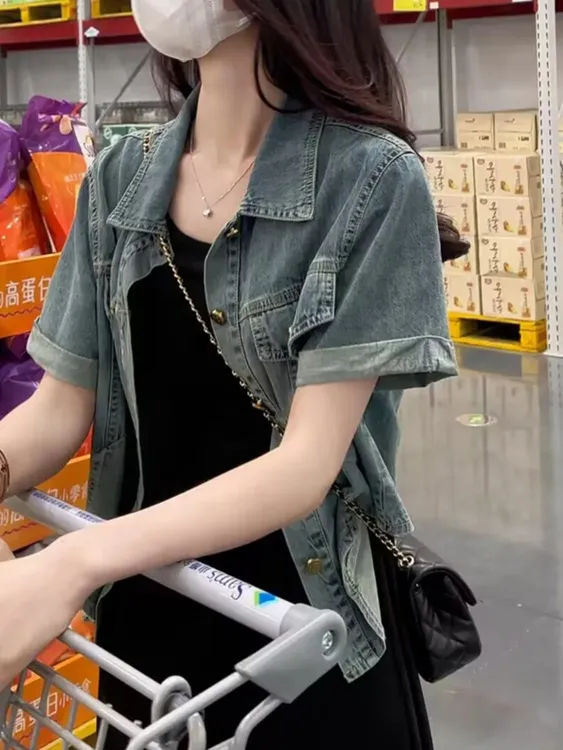 薄款牛仔短袖衬衫女2024夏季新款小个子显瘦显高休闲开衫短款上衣