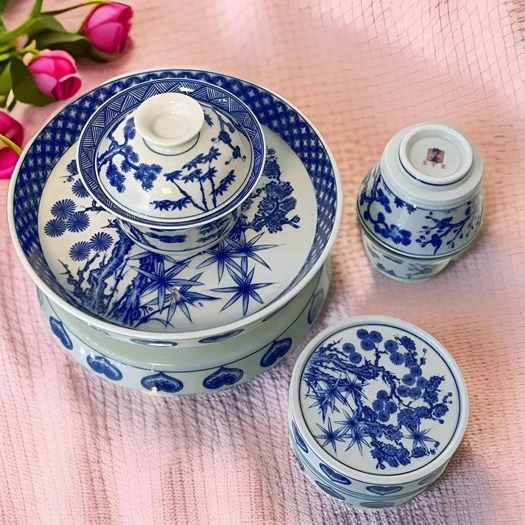陶瓷青花松竹梅岁寒三友盖碗壶承套组茶具