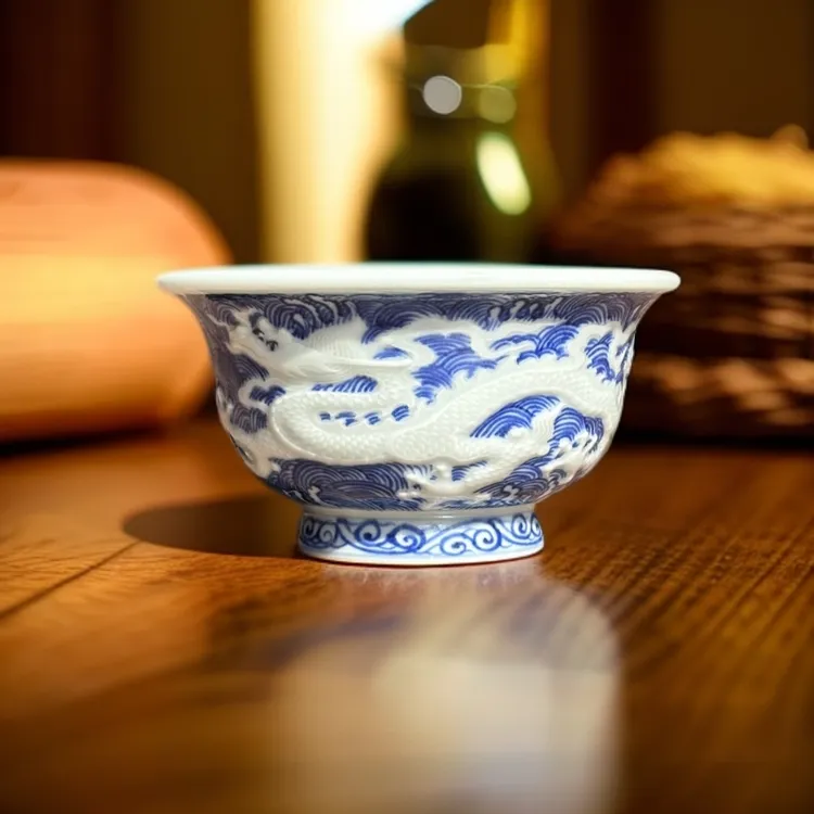 手工手绘柴烧青花暗刻海水龙大压手杯