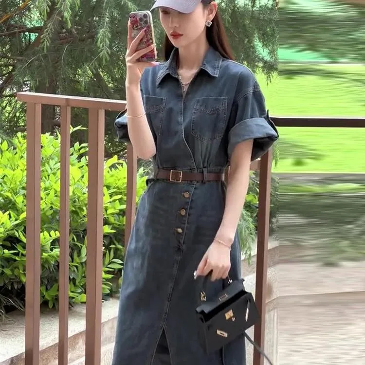 蓝色牛仔连衣裙2025夏季新款女款港味复古chic显瘦裙子质感高级感