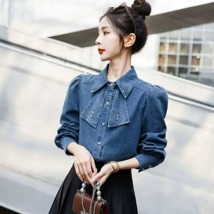 高级感欧货洋气牛仔衬衫女叠穿衬衣2025春秋新款设计感小众小个子