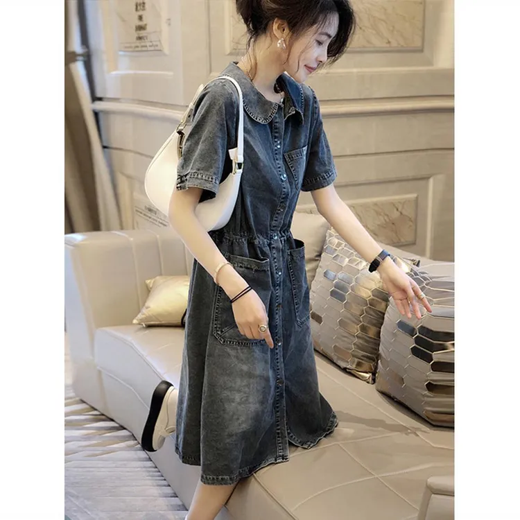 欧洲站夏装2025新款欧货潮牛仔连衣裙女款中长款束腰休闲衬衫裙子