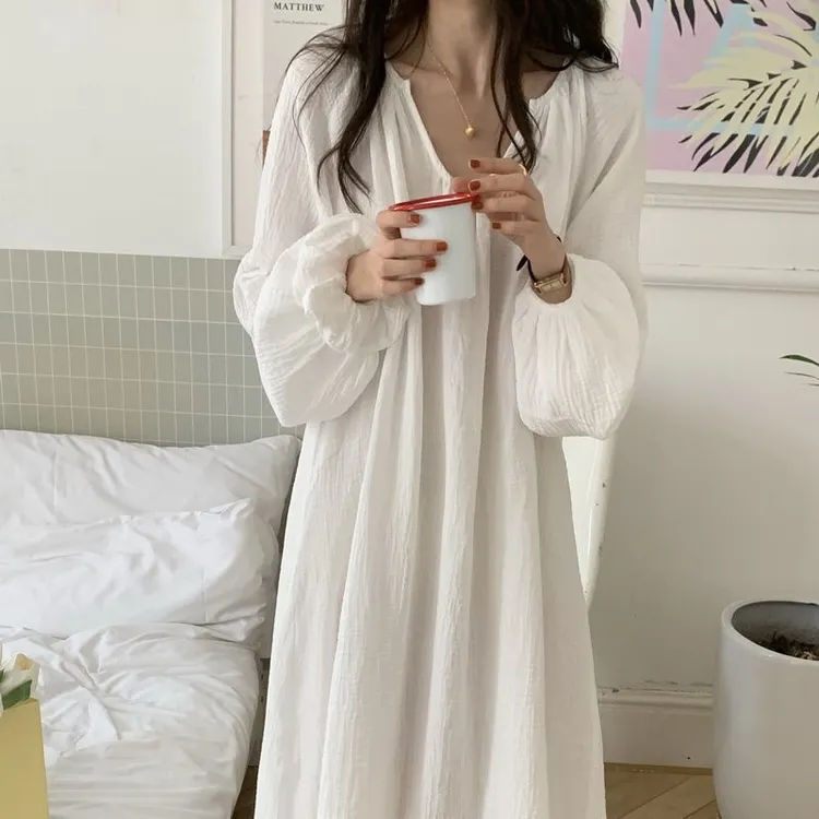 韩国ins纯色宽松纱布V领睡裙女春秋季长袖慵懒风睡衣可外穿家居服