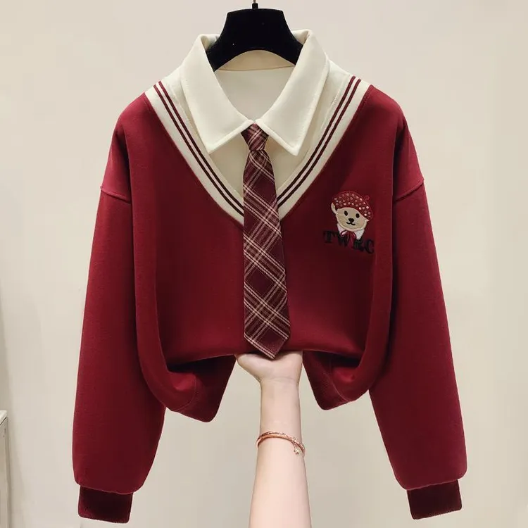 儿童女童春秋长袖polo领卫衣中大童秋冬新款加绒学院风假两件上衣