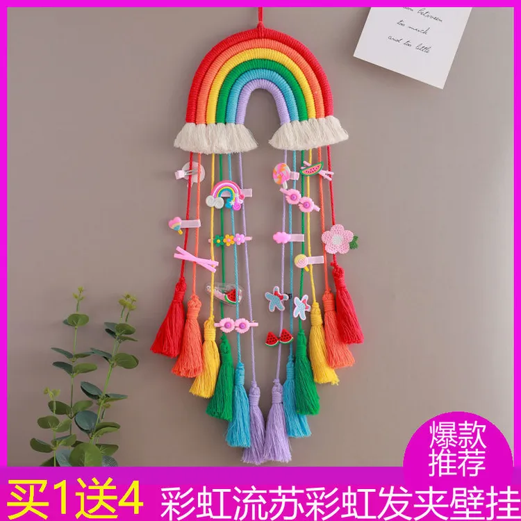 网红捕梦网彩虹流苏挂毯创意儿童房卧室挂件编织挂饰波西米亚发夹