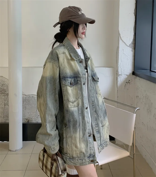 大码重工水洗做旧做脏抓痕牛仔外套女春秋季复古中长宽松休闲上衣