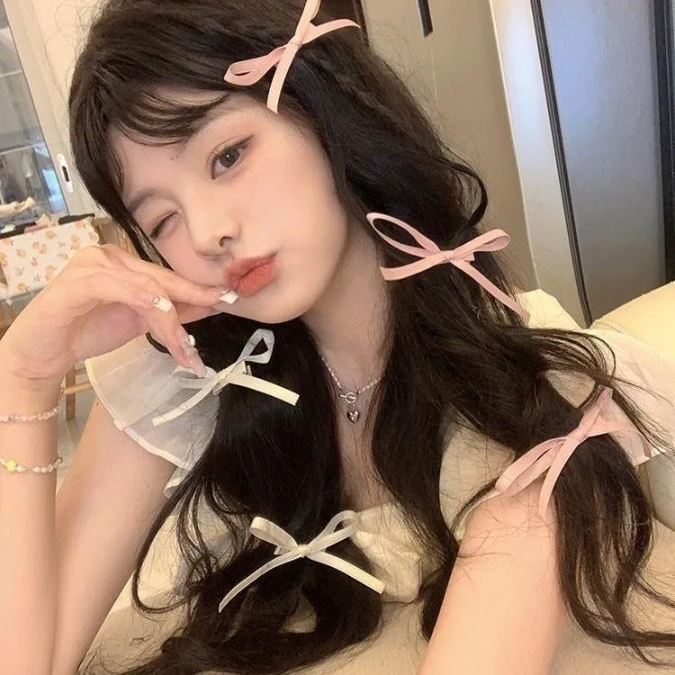 可爱少女丝带芭蕾风奶油粉蝴蝶结发夹女碎发边夹鸭嘴发卡发饰头饰