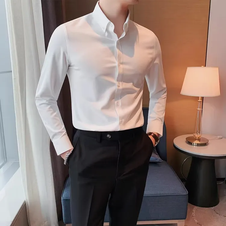 白色休闲衬衫男长袖英伦时尚潮流修身商务正装新郎结婚衬衣高级感