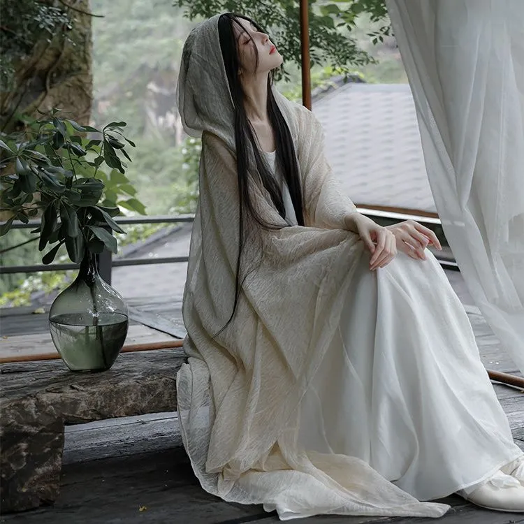 设计款小众新中式仙气轻薄飘逸宽松随性文艺禅意开衫连帽斗篷防晒