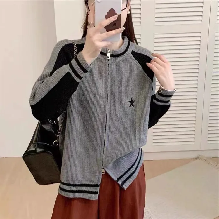 秋冬新款韩版网红拉链五角星刺绣宽松百搭针织开衫外套8582