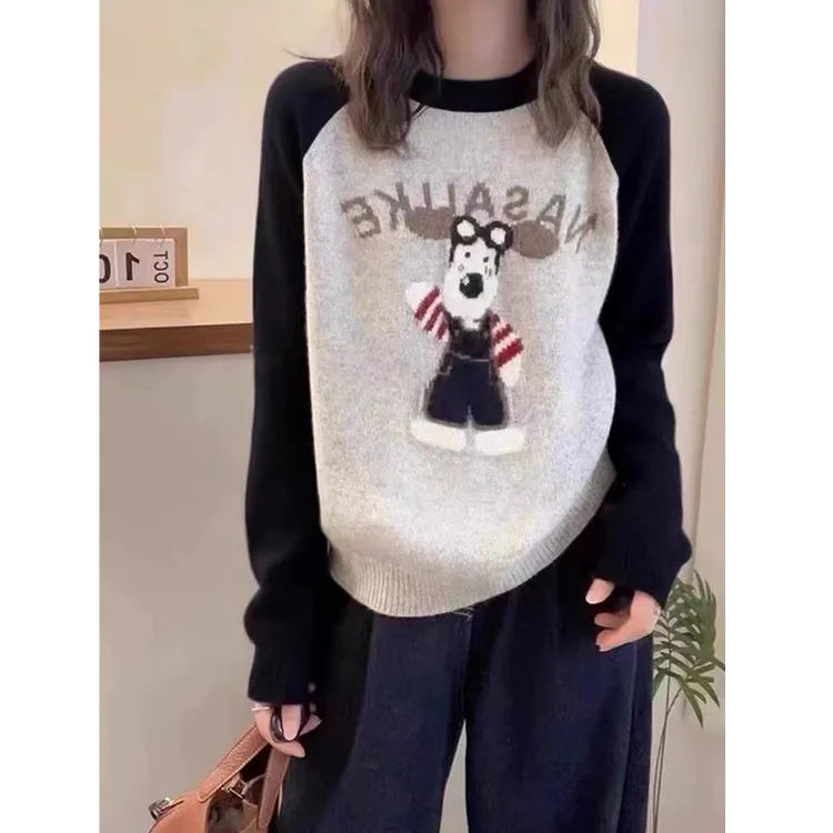秋冬新款韩版小狗提花圆领套头针织衫毛衣女7713-3