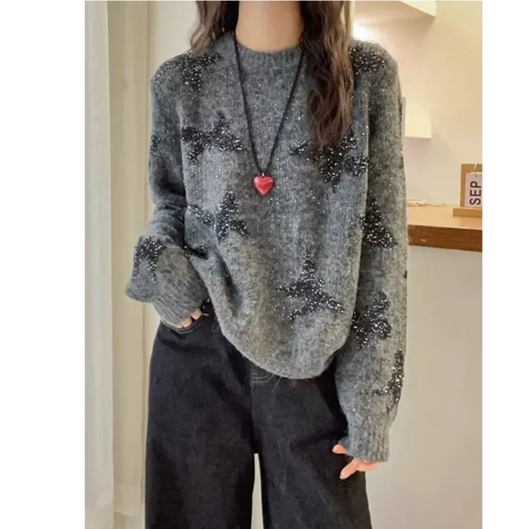秋冬新款韩版蝴蝶亮片提花圆领长袖针织衫套头宽松毛衣女1603-4