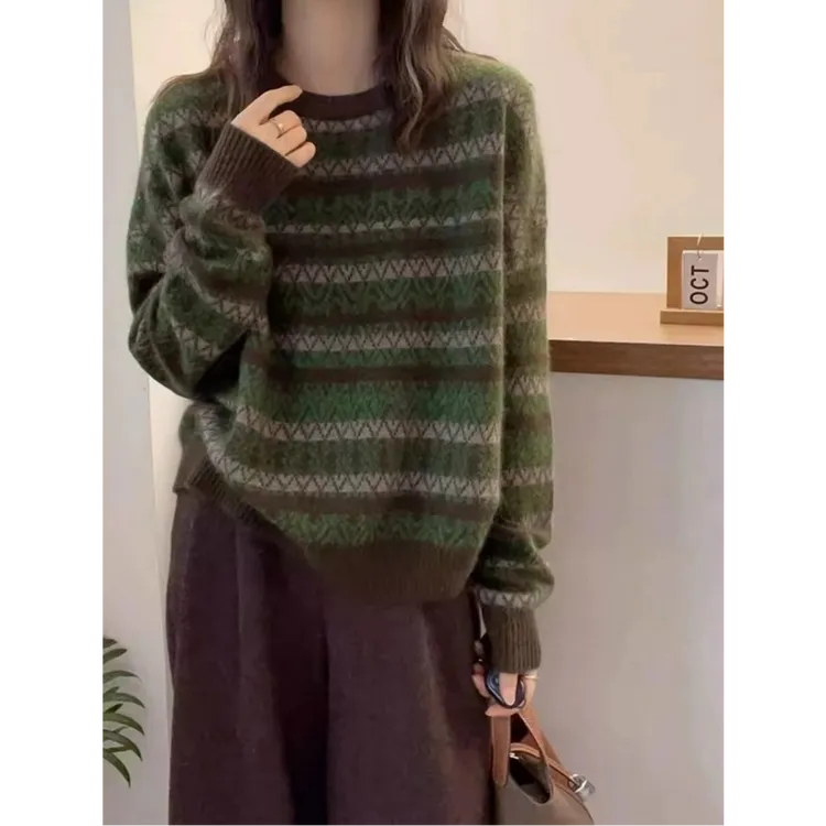 秋冬新款韩版复古拼色圆领长袖宽松针织衫套头毛衣6600-1