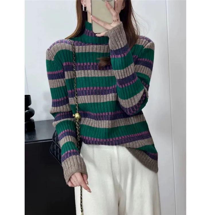 渐变彩虹~春秋新款绿条纹长袖百搭宽松针织套头打底女1126