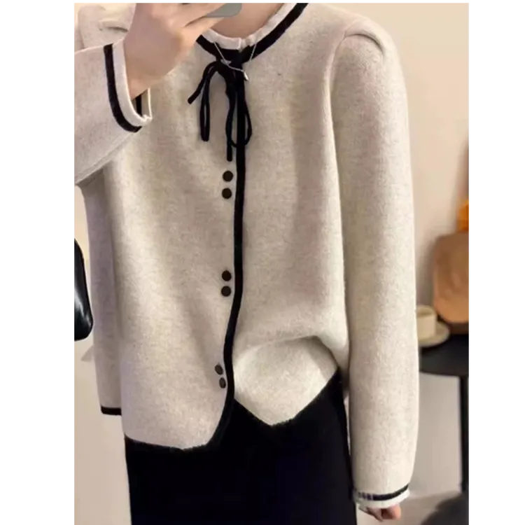 秋冬新款韩版系带抽绳时尚宽松纯色百搭圆领显瘦针织衫开衫女2688