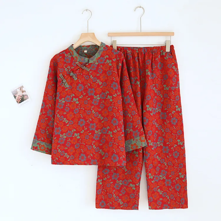 款【裤子带口袋】棉色织盘扣新中式睡衣女士四季双层可外穿家居服