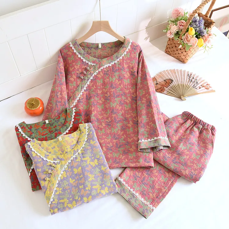 国风色织双层可外穿睡衣女春秋季民国风夏薄款家居服国风家居服
