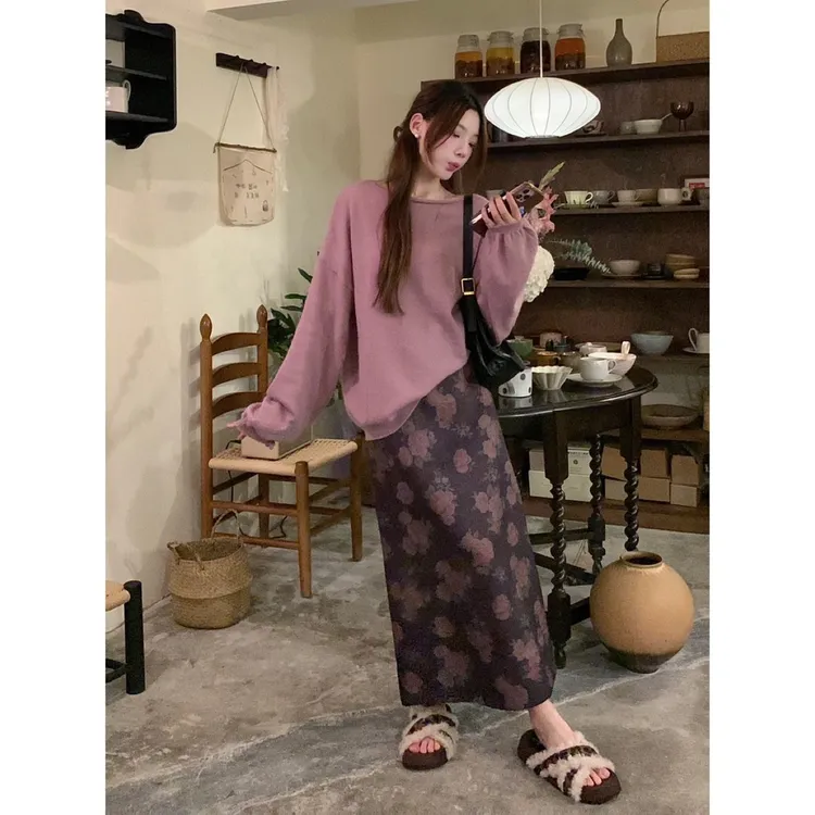 法式温柔休闲气质套装女宽松针织衫上衣花色半身裙两件套秋季女装