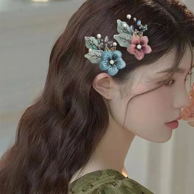 轻奢发卡头饰水钻侧边刺绣花朵发夹发饰复古精致古风女士网红一字