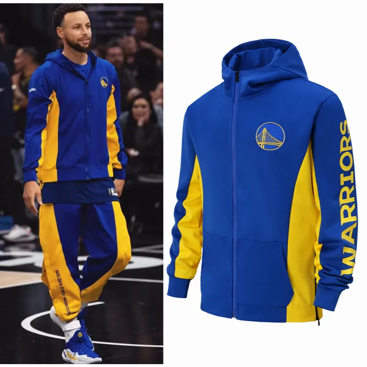勇士新赛季库里篮球连帽卫衣出场服训练服拉链上衣外套宽松版加大