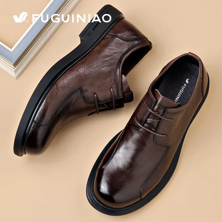 富贵鸟男鞋春秋季真皮透气商务休闲皮鞋男士韩版软面系带上班鞋子