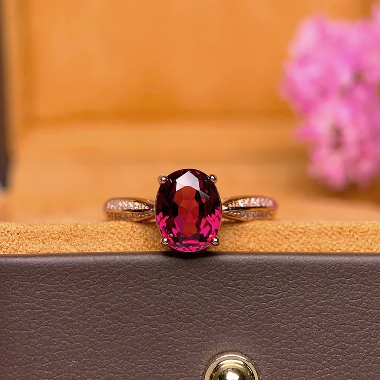 简约天然镁铝石榴石戒指女s925银镶嵌洋红色气质指环轻奢银戒精致