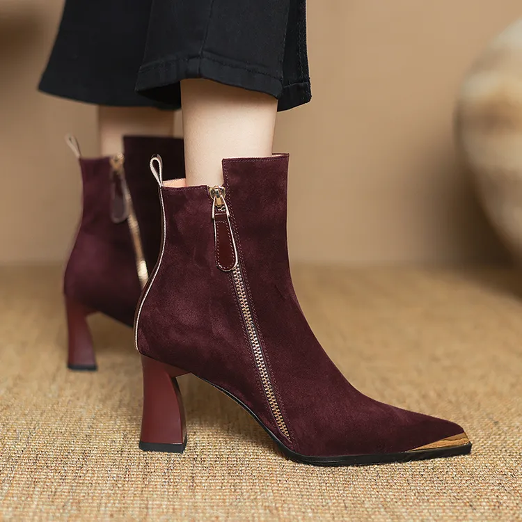 7cm复古尖头粗跟短靴秋冬新款双拉链磨砂羊皮时尚女靴防踢靴子