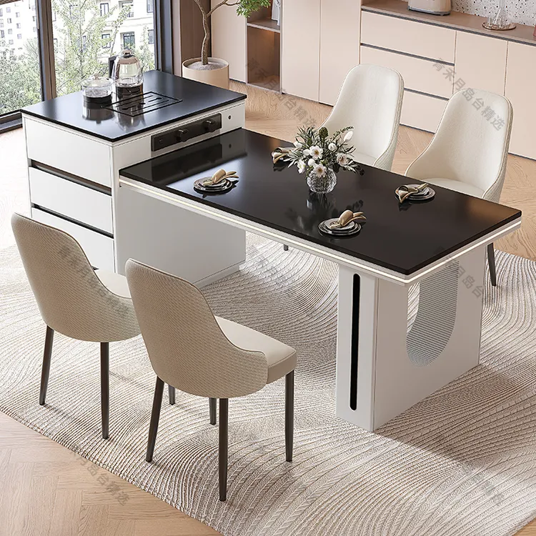 奶油白灯带款岩板岛台餐桌一体现代轻奢极简风家用伸缩多功能餐桌