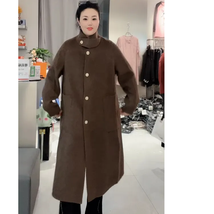 芮娜依莲9601冬季赫本风长款双面羊毛大衣韩系高级感立领大码女装