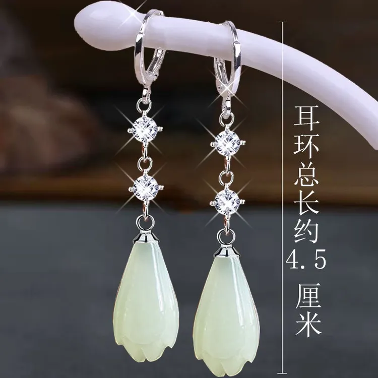 925银耳饰 S925纯银木兰花古风耳环女2025年爆款长款显瘦圆脸耳坠