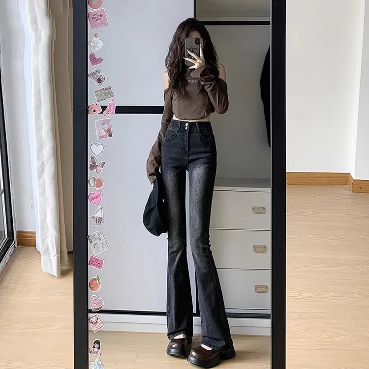 微喇牛仔裤女秋季2025新款高腰显瘦小个子弹力黑灰色微喇叭马蹄裤