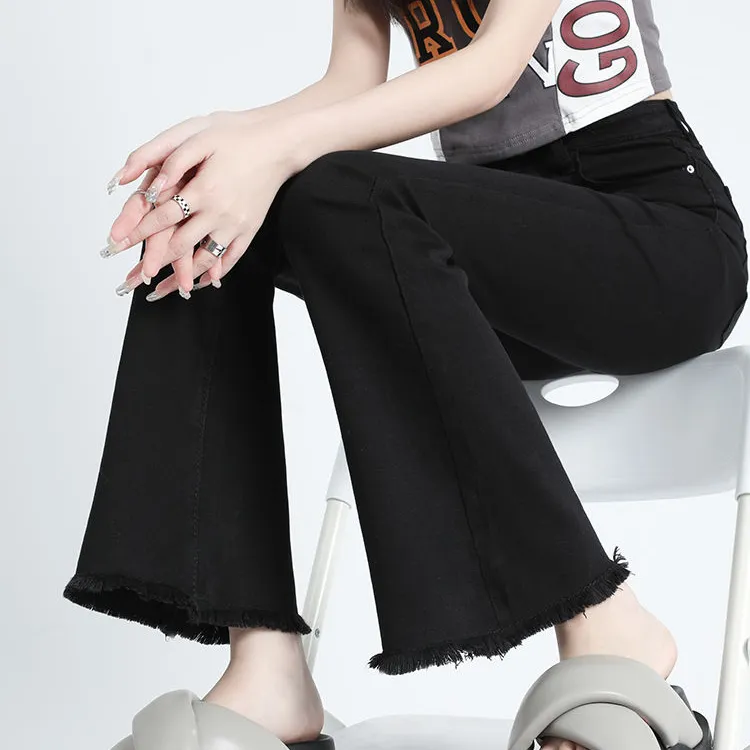黑色毛边微喇牛仔裤女生小个子秋装弹力紧身裤高腰显瘦喇叭裤秋季