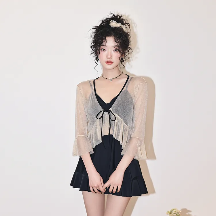 泳衣女款泡温泉罩衫连体平角裙式小胸泳衣女保守显瘦遮肚时尚泳装